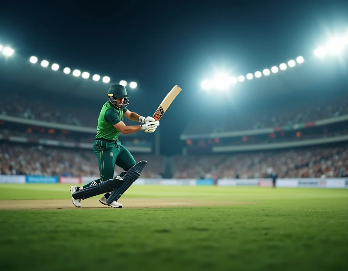 Cricket bat striking ball under stadium lights