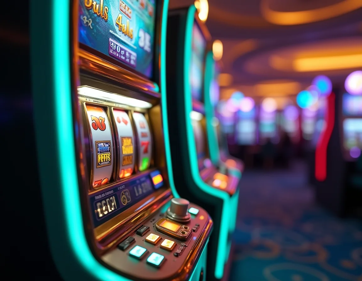 Glowing slot machine cabinet with spinning reels